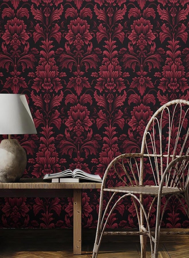 REDAMANCY Dark Black Red Damask Flowers Vintage Peel and Stick Wallpaper Stick on Contact Paper Vintage Wall Paper Easy Peel Off for nightstand Drawer Cabinet Renter - Image 3