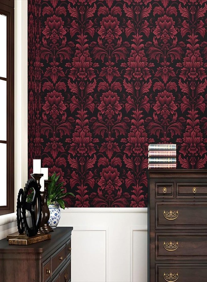 REDAMANCY Dark Black Red Damask Flowers Vintage Peel and Stick Wallpaper Stick on Contact Paper Vintage Wall Paper Easy Peel Off for nightstand Drawer Cabinet Renter - Image 2