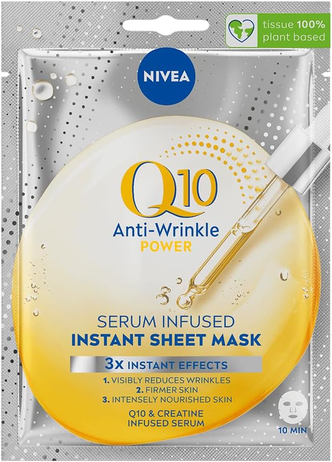 NIVEA Q10 Power AntiWrinkle Firming Sheet Mask 1 Piece Anti Ageing Moisturiser Mask Face Mask Sheet with Coenzyme Q10 10 Minute Anti Wrinkle Cream Mask