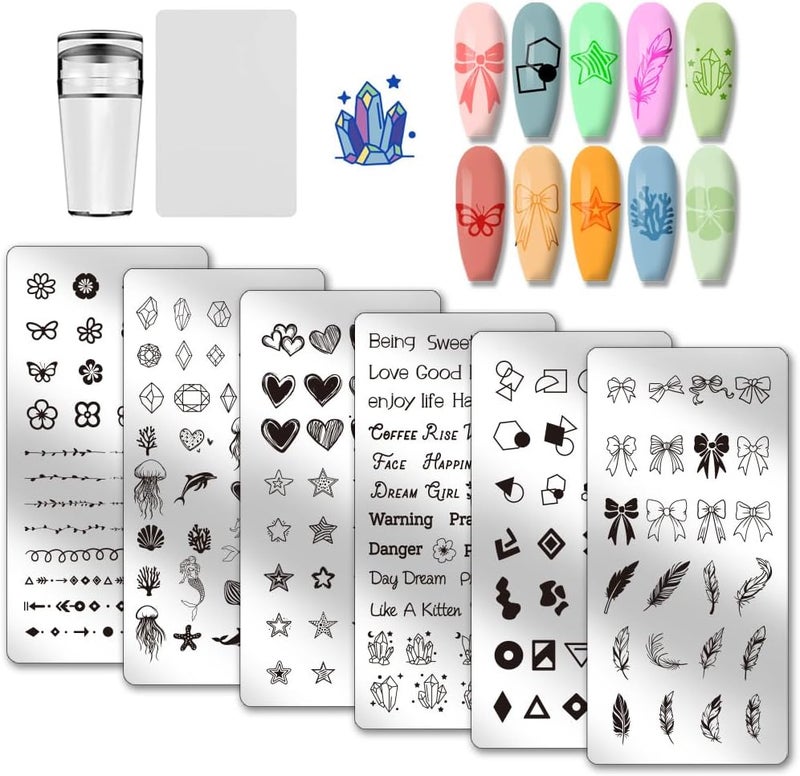 PH PandaHall 6pcs Bow Flower Nail Stamping Plates Heart Star Print Nail Stencils Word Sea Animals Manicure Art Templates Geometric Lines Patterns Nails Art Stencils for Women Manicures Salon Design