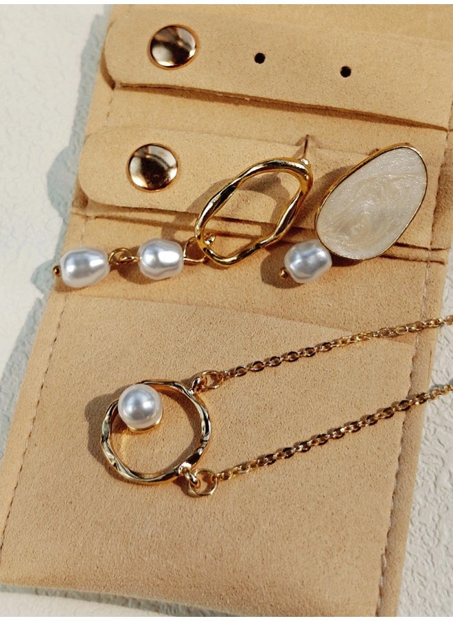 ShebSheb - Golden Asymmetry Jewelry Sets with Earrings Necklace,Irregularity Fashion Elegant Earrings Necklace with Imitation Pearl for Women Ladies Girls Gift - Image 1