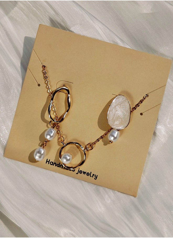 ShebSheb - Golden Asymmetry Jewelry Sets with Earrings Necklace,Irregularity Fashion Elegant Earrings Necklace with Imitation Pearl for Women Ladies Girls Gift - Image 1