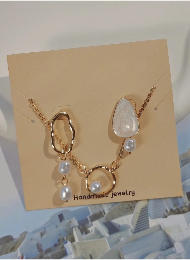ShebSheb - Golden Asymmetry Jewelry Sets with Earrings Necklace,Irregularity Fashion Elegant Earrings Necklace with Imitation Pearl for Women Ladies Girls Gift - Image 1