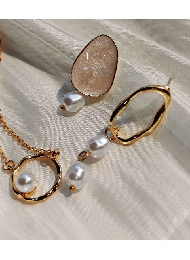 ShebSheb - Golden Asymmetry Jewelry Sets with Earrings Necklace,Irregularity Fashion Elegant Earrings Necklace with Imitation Pearl for Women Ladies Girls Gift - Image 1
