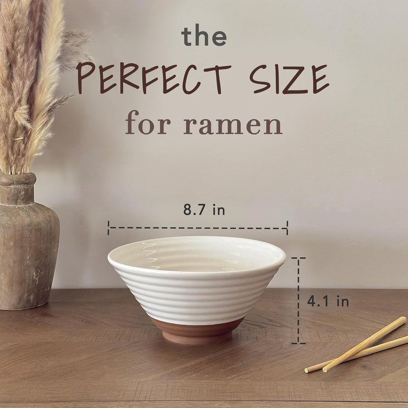 Mora طقم وعاء رامين سيراميك من 2، 45 أونصة - رائع لفو، حساء ميسو أودون، نودلز سريعة، تقديم، طعام تايلاندي أو آسيوي - أطباق نودلز يابانية كبيرة آمنة في الميكروويف، مطبخ حديث - أبيض فانيليا - Image 2