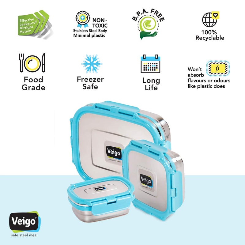 Veigo Lock N Steel 100% Air Tight 3 Pcs Celebration Gift Pack, Sky Blue, 1140 Milliliter - Image 3