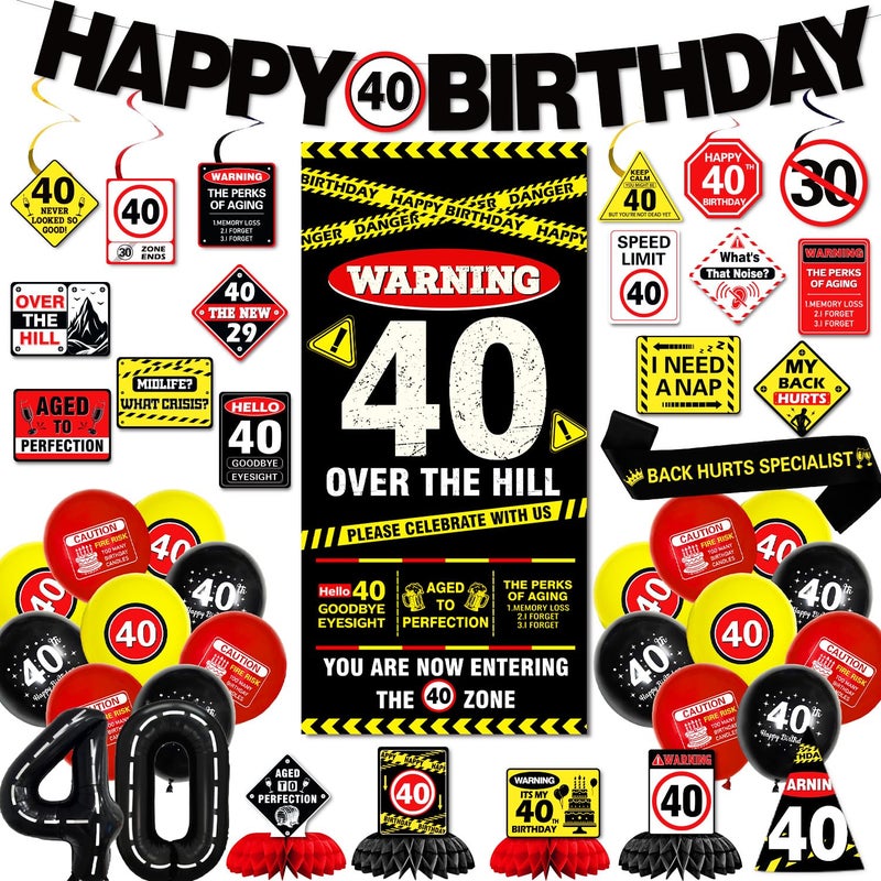 KimaruLZ 40th Birthday Decorations for Men Women, Caution Happy 40th Birthday Party Supplies Decor with Backdrop, Banner, Balloons, Centerpieces, Hanging Swirls, Wall Signs, Sash, Hat - Image 1