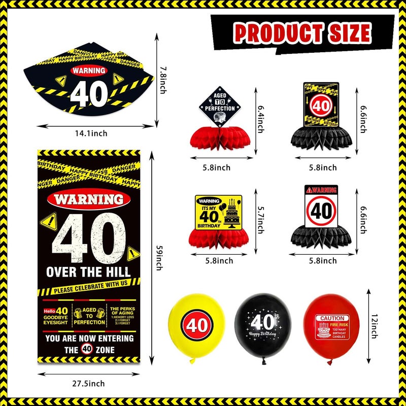 KimaruLZ 40th Birthday Decorations for Men Women, Caution Happy 40th Birthday Party Supplies Decor with Backdrop, Banner, Balloons, Centerpieces, Hanging Swirls, Wall Signs, Sash, Hat - Image 3