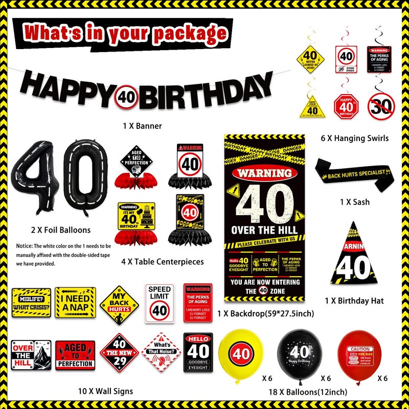 KimaruLZ 40th Birthday Decorations for Men Women, Caution Happy 40th Birthday Party Supplies Decor with Backdrop, Banner, Balloons, Centerpieces, Hanging Swirls, Wall Signs, Sash, Hat - Image 2