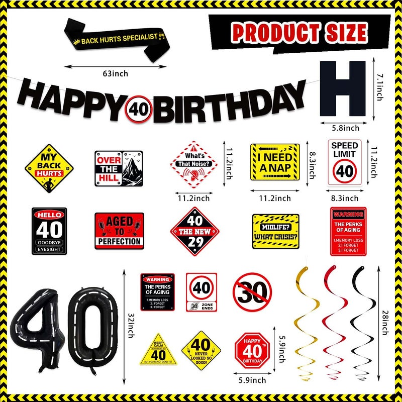 KimaruLZ 40th Birthday Decorations for Men Women, Caution Happy 40th Birthday Party Supplies Decor with Backdrop, Banner, Balloons, Centerpieces, Hanging Swirls, Wall Signs, Sash, Hat - Image 4