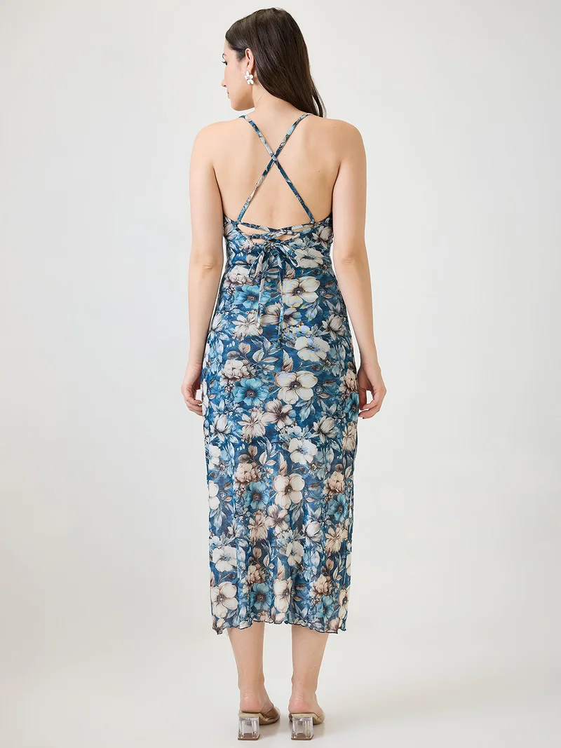globus Women Blue Floral Printed Cowl Neck Strappy Sleeves Back Tie-Up Ruched Midi Bodycon Party Dress