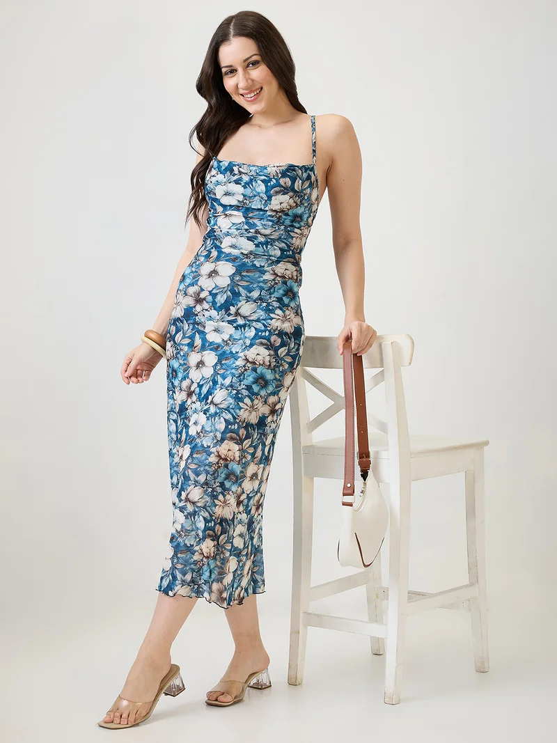 globus Women Blue Floral Printed Cowl Neck Strappy Sleeves Back Tie-Up Ruched Midi Bodycon Party Dress