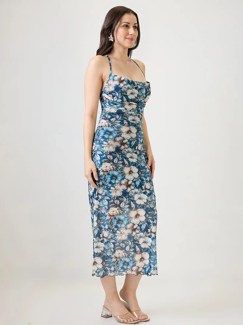 globus Women Blue Floral Printed Cowl Neck Strappy Sleeves Back Tie-Up Ruched Midi Bodycon Party Dress