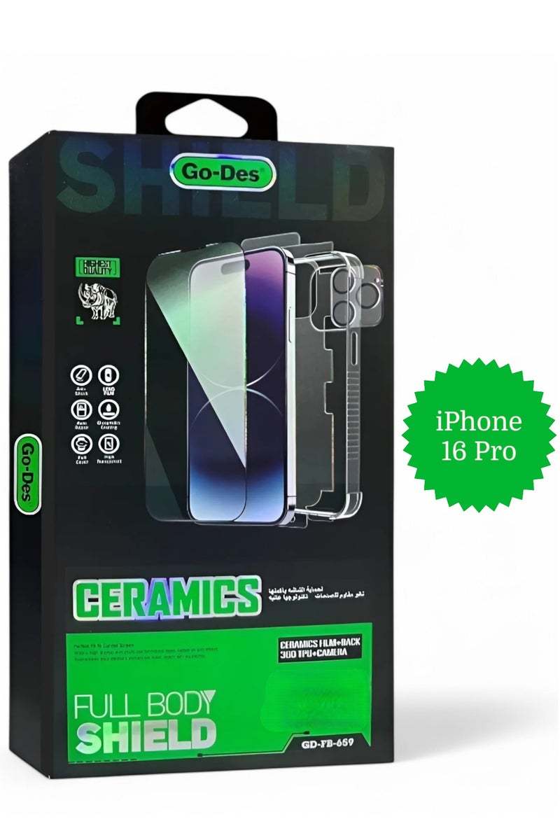 GO-DES Full protection package for iPhone 16 Pro, Protective case made of high-quality materials, high-definition screen protection, camera lens protector, phone back protector, maximum protection against scratches and breakage.