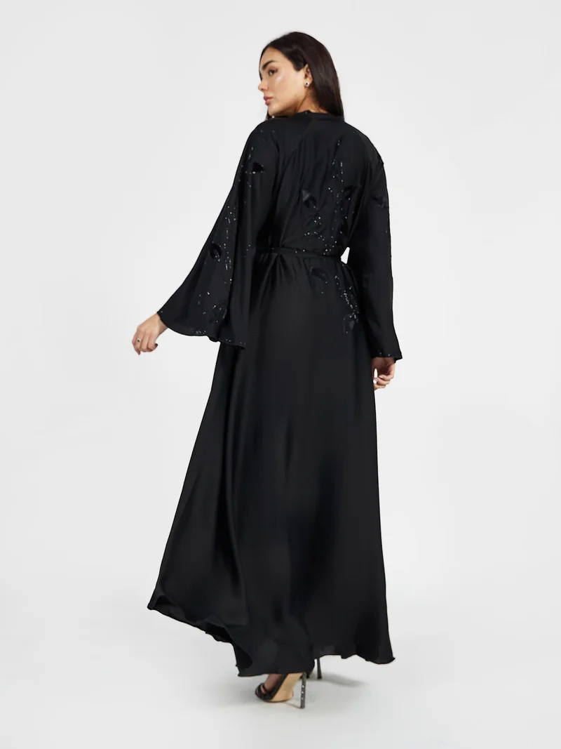 Reem Abayas  Classic Black Belted Abaya with Tonal Embroidery and Crystals for Women | Best Price UAE
