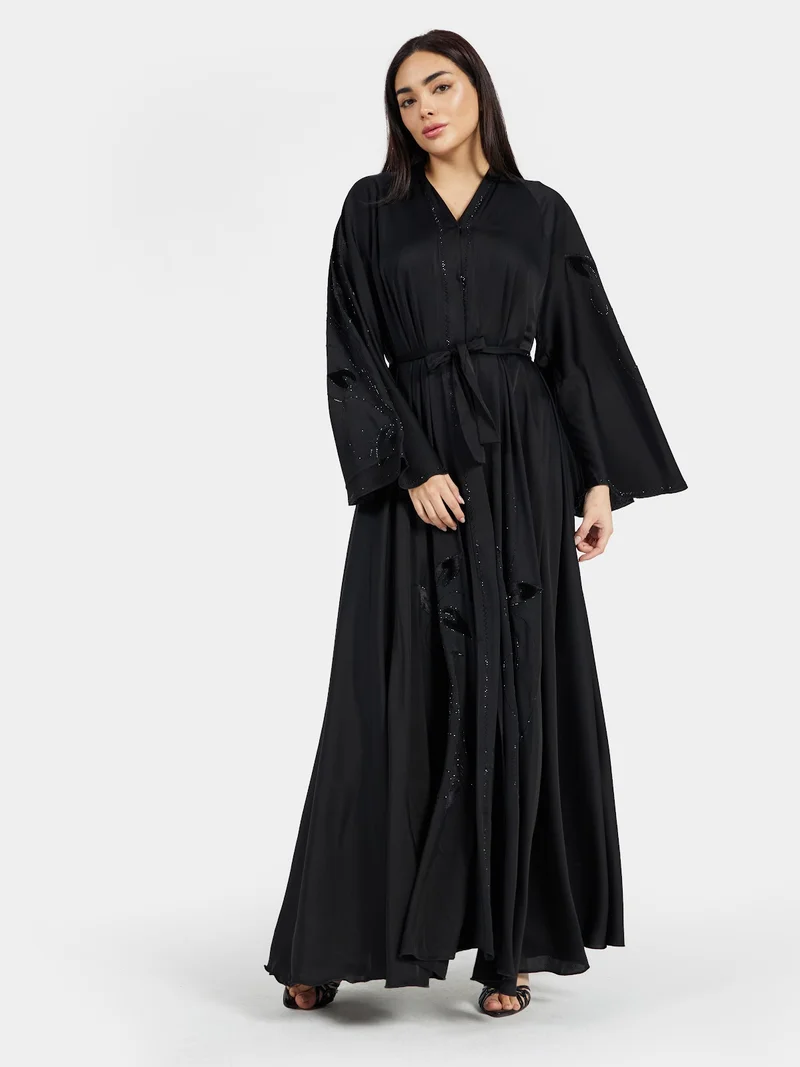 Reem Abayas Classic Black Belted Abaya with Tonal Embroidery and Crystals