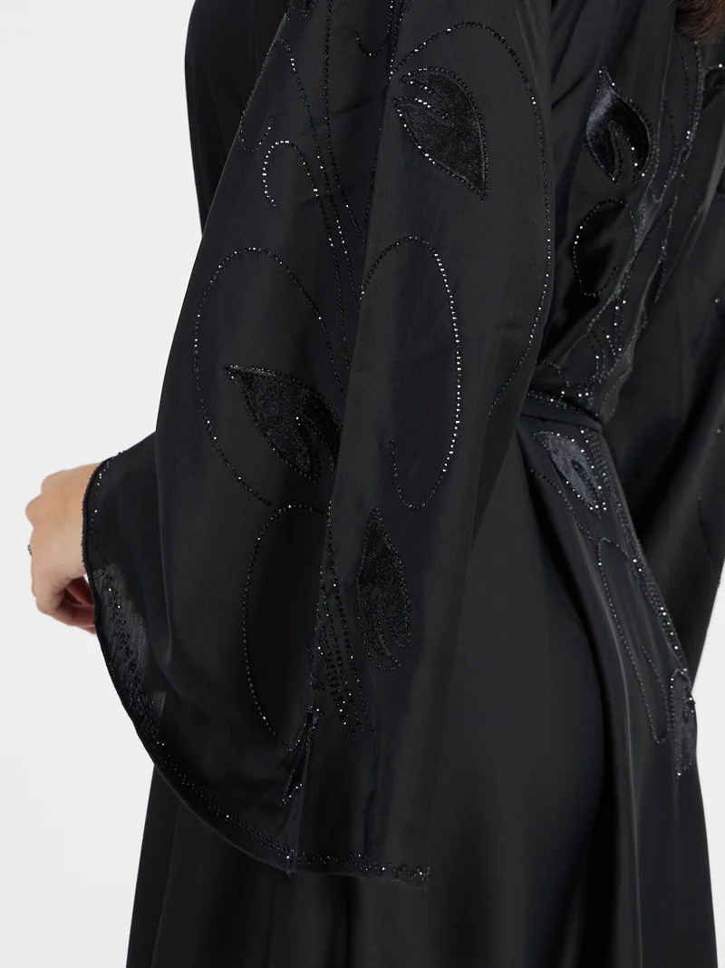 Reem Abayas  Classic Black Belted Abaya with Tonal Embroidery and Crystals for Women | Best Price UAE