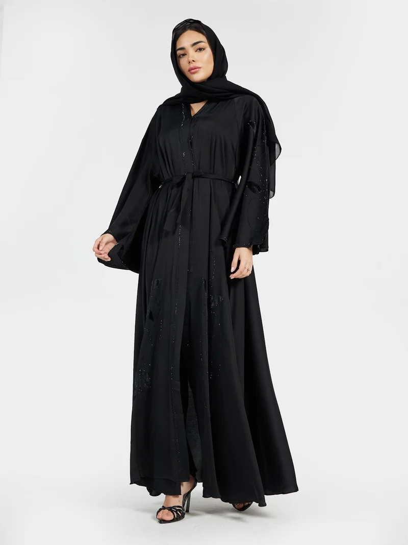 Classic Black Belted Abaya with Tonal Embroidery and Crystals