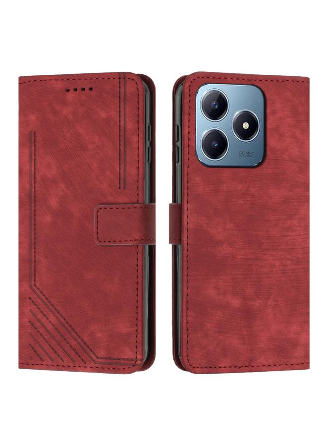 جرين تايجر جراب هاتف جلدي بنمط مخطط لهاتف Realme C63 مع حزام (أحمر)