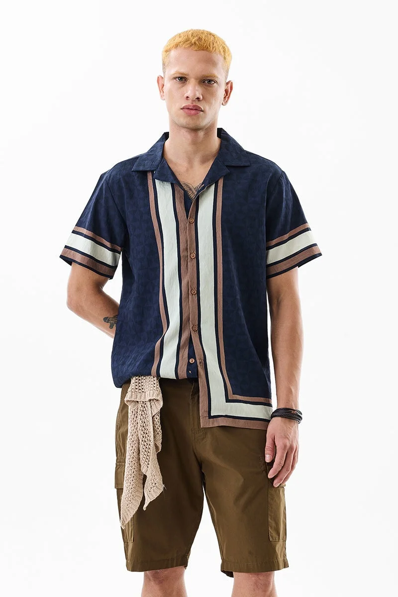 سنيتش Navy Blue Geometric Half Sleeve Boxy Shirt