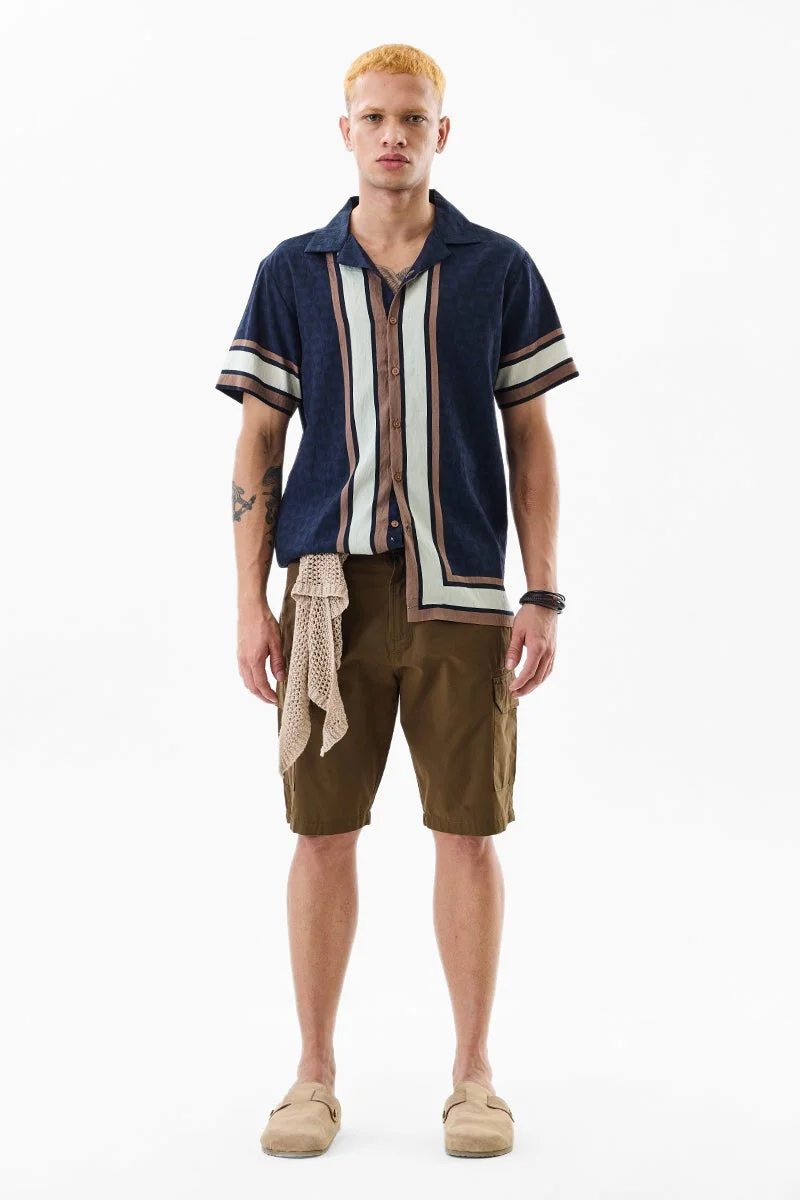 سنيتش Navy Blue Geometric Half Sleeve Boxy Shirt