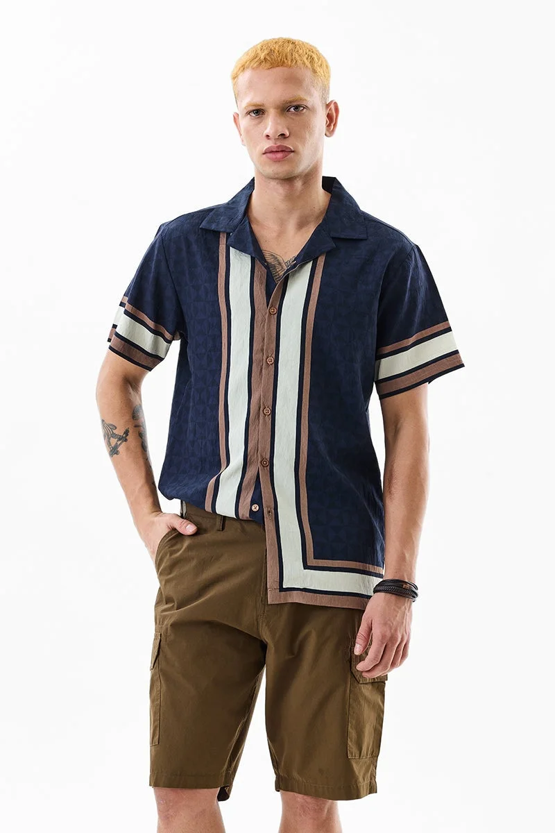 سنيتش Navy Blue Geometric Half Sleeve Boxy Shirt