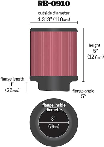 K+N K&N High-Flow Original Lifetime Universal Clamp-On Air Filter: High Performance, Premium, Washable: Flange Diameter: 3 In, Filter Height: 5 In, Flange Length: 1 In, Shape: Round, RB-0910 - Image 2