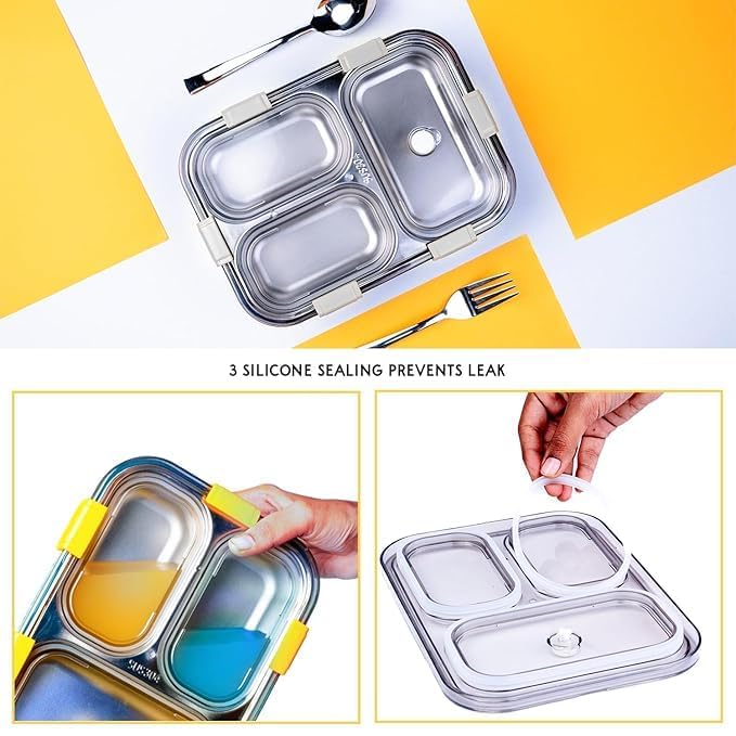 POLMI Stainless Steel Lunch Box 3 Compartments 750ml Insulated Leakproof Container with Lid Multicolor - Image 4