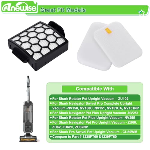 Anewise Replacement Filter for Shark Navigator Zero-M Pet Pro ZU102 ZU60 ZU62 ZU55 NV181 NV150 NV151 NV251 Rotator NV255 ZU100 ZU81 Upright Vacuum, 2+6 Foam Felt Filter, Part #1238FT60 & 1239FT60 - Image 2