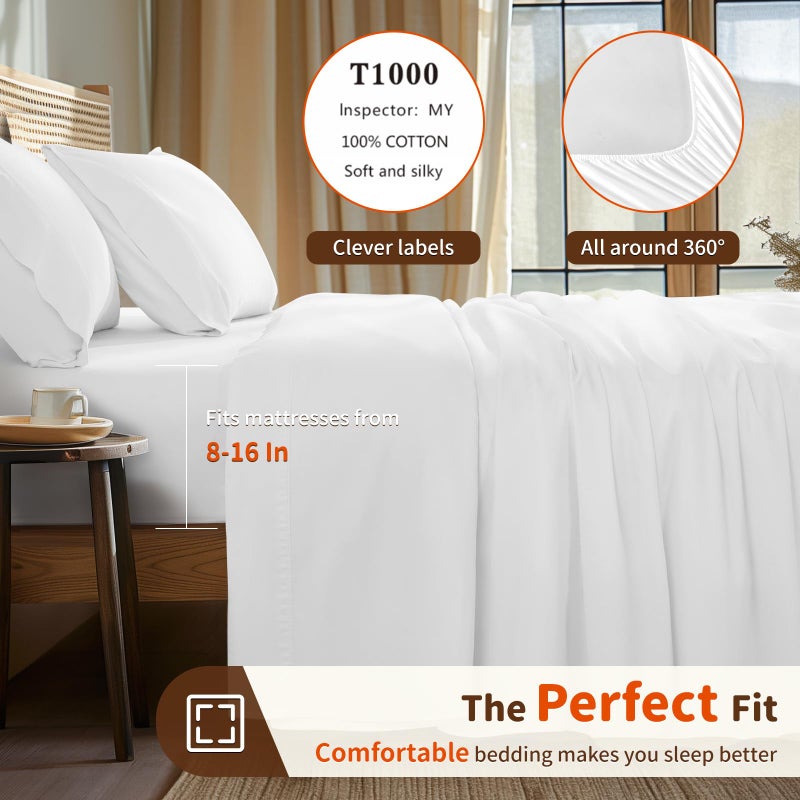 LBRO2M LBRO2M 1000 Thread Count 100% Egyptian Cotton Sheets Set King Size Bed Sheet 4 Piece Sets Long Staple 16 Inches Deep Pocket All Season Bedding Super Soft Breathable Sateen Weave(White)  - Image 3