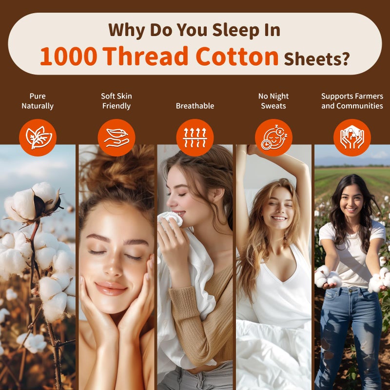 LBRO2M LBRO2M 1000 Thread Count 100% Egyptian Cotton Sheets Set King Size Bed Sheet 4 Piece Sets Long Staple 16 Inches Deep Pocket All Season Bedding Super Soft Breathable Sateen Weave(White)  - Image 4