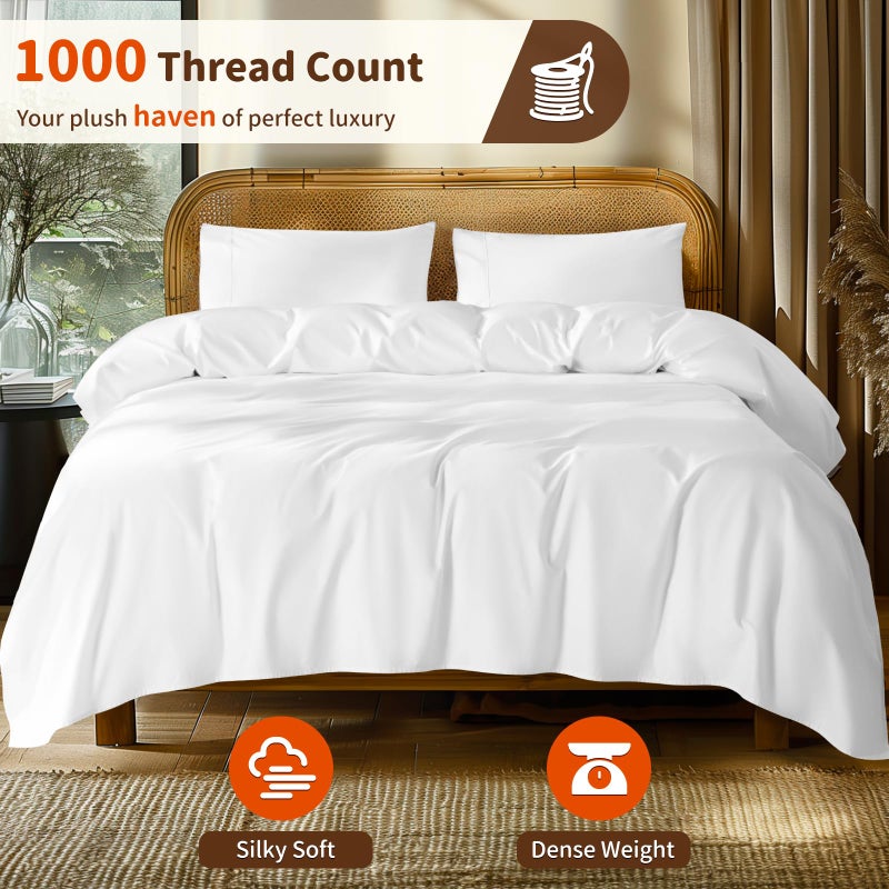LBRO2M LBRO2M 1000 Thread Count 100% Egyptian Cotton Sheets Set King Size Bed Sheet 4 Piece Sets Long Staple 16 Inches Deep Pocket All Season Bedding Super Soft Breathable Sateen Weave(White)  - Image 2