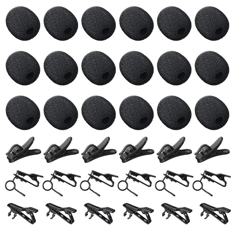TOODOO 36 Pieces Lapel Mic Clips Sponge Cover Kit 18 Pieces Mental Lavalier Microphone Clip Plastic Lavalier Wire Clips 18 Pieces Foam Windscreen Cover Lapel Mic Windscreen Foam Covers for Interview Video - Image 1