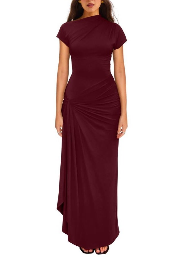 YMDUCH Women's Casual Short Sleeve Boat Neck Ruched High Split Bodycon Long Formal Dress WineRed - Image 1