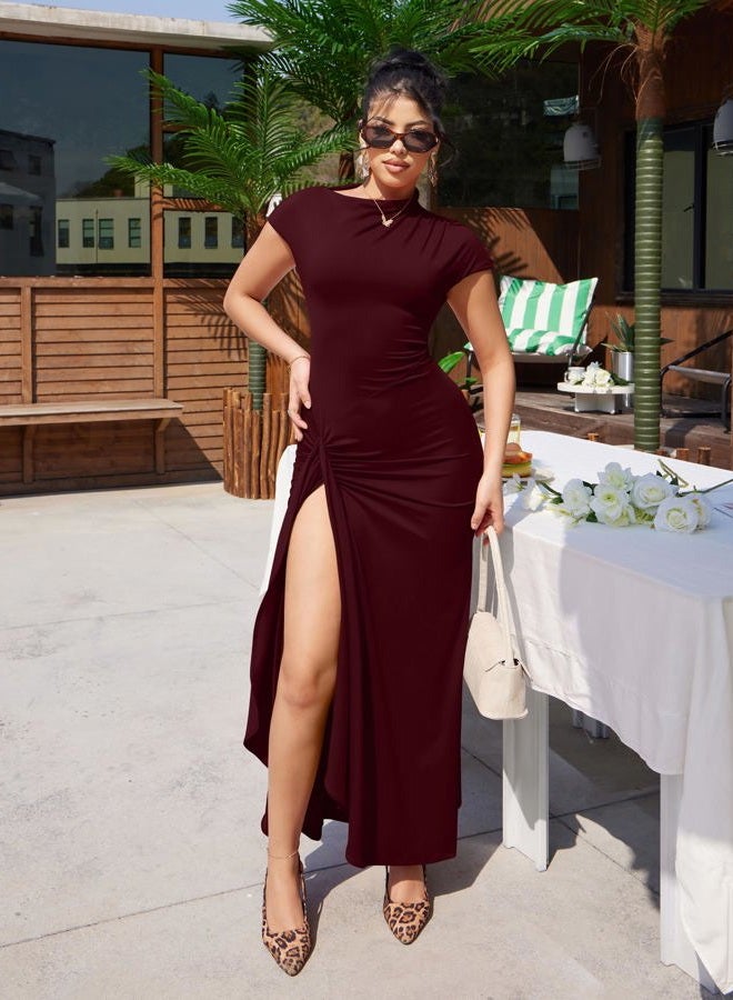YMDUCH Women's Casual Short Sleeve Boat Neck Ruched High Split Bodycon Long Formal Dress WineRed - Image 5