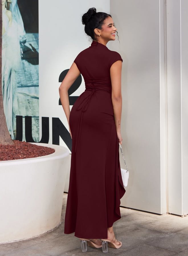 YMDUCH Women's Casual Short Sleeve Boat Neck Ruched High Split Bodycon Long Formal Dress WineRed - Image 2