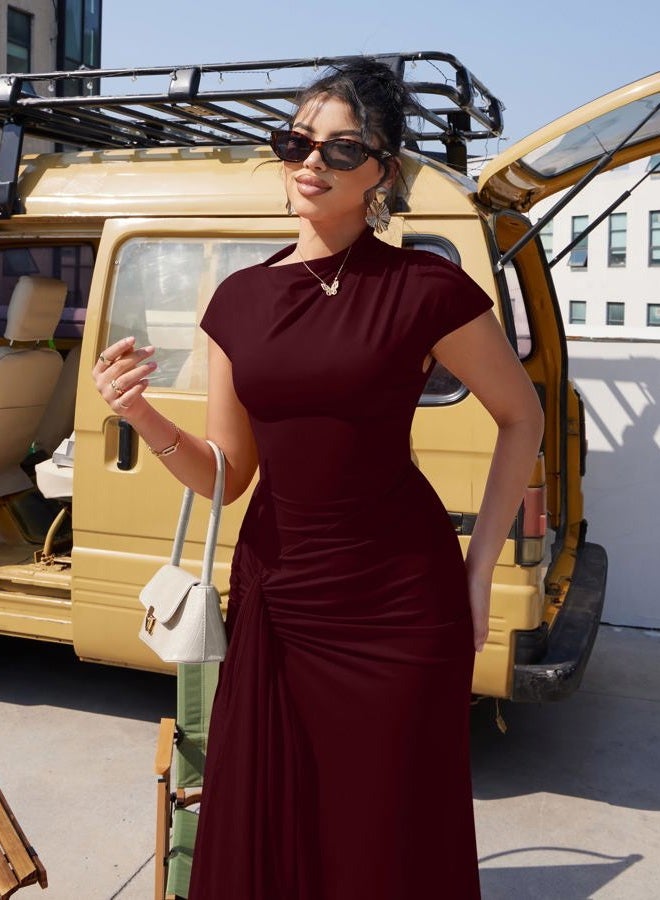 YMDUCH Women's Casual Short Sleeve Boat Neck Ruched High Split Bodycon Long Formal Dress WineRed - Image 3
