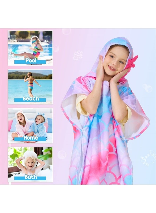 Mermaid Kids Beach Towel - Hooded Towel Wrap 27" x 27" Kids Hooded Poncho Sand Free Beach Towel for Girls Bath Pool Quick Dry Soft Kids Bath Towel for Travel Shower Swim Microfiber
