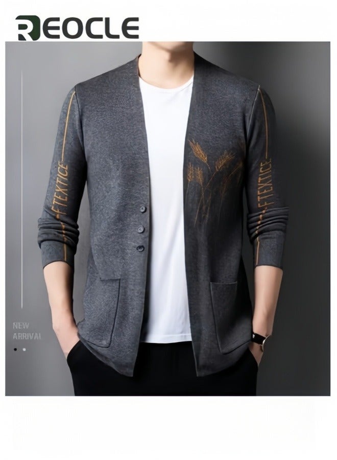 REOCLE Men's Casual Knit Cardigan Sweaters Men Knitted Jackets with Wheat Pattern Long Sleeve Lightweight Comfortble Tops Coat Grey - Image 2