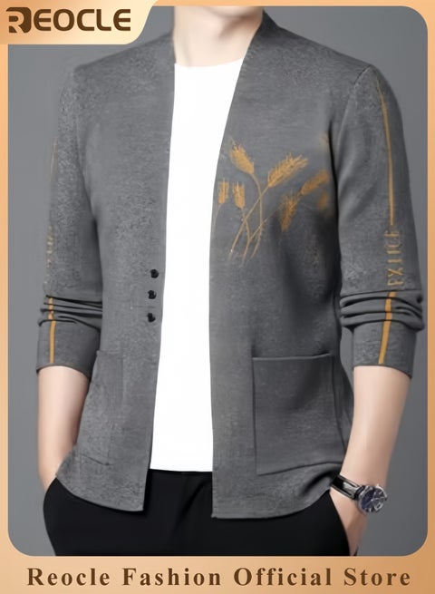 Men's Casual Knit Cardigan Sweaters Men Knitted Jackets with Wheat Pattern Long Sleeve Lightweight Comfortble Tops Coat Grey
