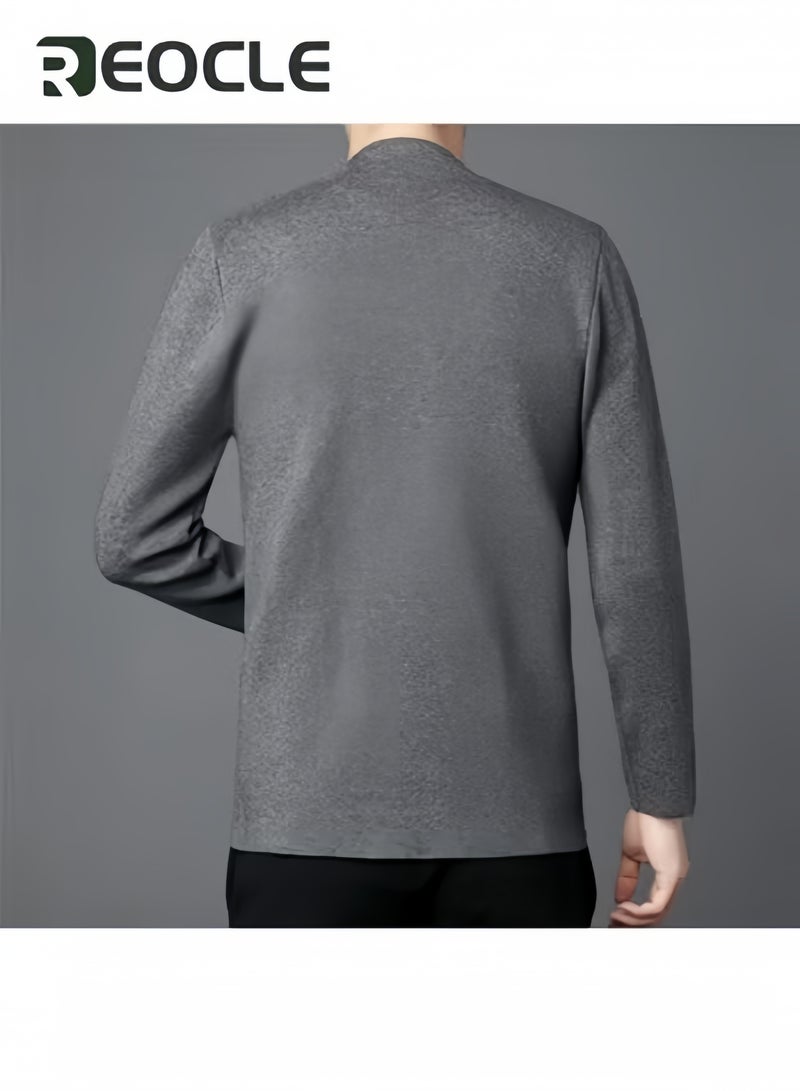 REOCLE Men's Casual Knit Cardigan Sweaters Men Knitted Jackets with Wheat Pattern Long Sleeve Lightweight Comfortble Tops Coat Grey - Image 3