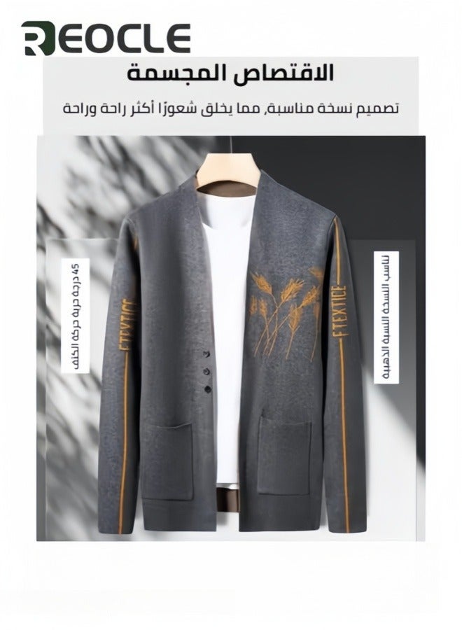 REOCLE Men's Casual Knit Cardigan Sweaters Men Knitted Jackets with Wheat Pattern Long Sleeve Lightweight Comfortble Tops Coat Grey - Image 4