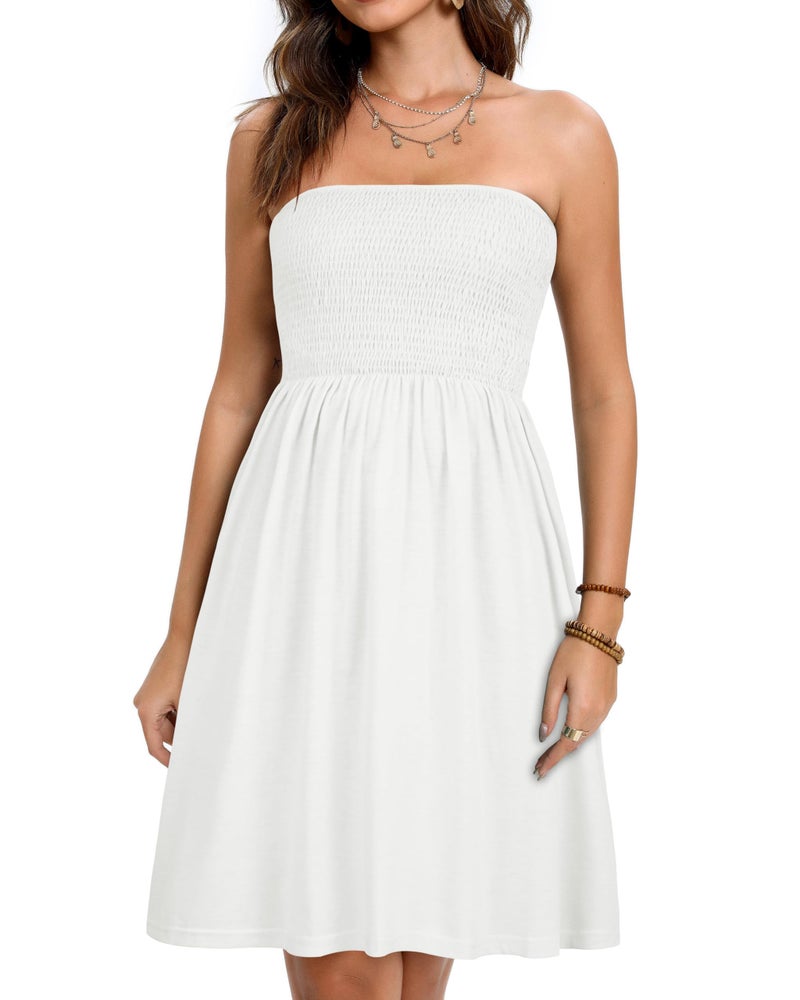 elescat Summer Dresses for Women Strapless Casual Beach Cover Ups Tube Top Sundressï¼ˆWhite, S - Image 5