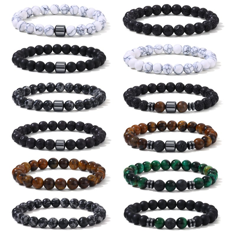 SAMOCO 12Pcs Tiger Eye Bracelets For Men Natural Stone 8mm Beads Bracelets Set Stretch Adjustable Lava Rock Black Crystal Beaded Bracelet for Men Women Gifts - Image 1
