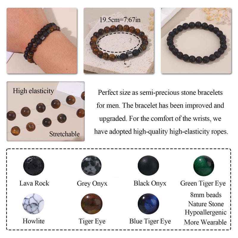 SAMOCO 12Pcs Tiger Eye Bracelets For Men Natural Stone 8mm Beads Bracelets Set Stretch Adjustable Lava Rock Black Crystal Beaded Bracelet for Men Women Gifts - Image 3