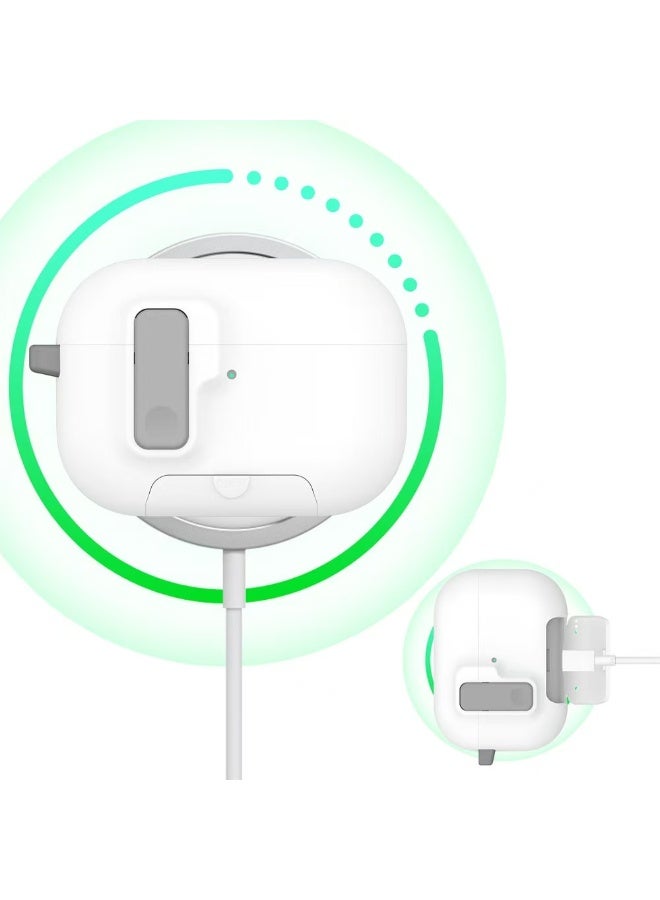 دكينج لحافظة AirPods Pro 3، تتميز بتصميم حامل بمشبك مغناطيسي ووظيفة قفل مضادة للسقوط. تدعم الحافظة الشحن اللاسلكي وتأتي مع حلقة تعليق. اللون أبيض. - Image 2