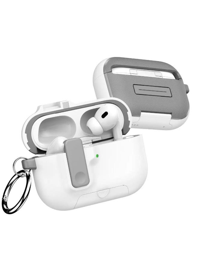 دكينج لحافظة AirPods Pro 3، تتميز بتصميم حامل بمشبك مغناطيسي ووظيفة قفل مضادة للسقوط. تدعم الحافظة الشحن اللاسلكي وتأتي مع حلقة تعليق. اللون أبيض. - Image 3