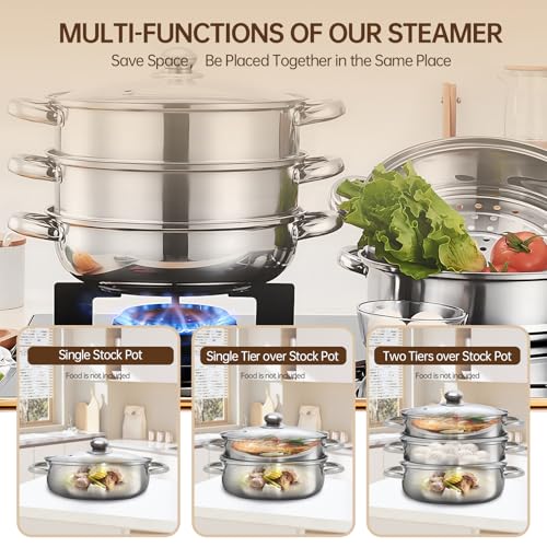 YCWSPEMR 3Tier Stainless Steel Steamer Pot with Lid Multipurpose Steam Pots for Cooking Vegetable Dumpling Steamer Set with Durable Handles and Glass Lid for Fish Meat and Seafood - Image 3