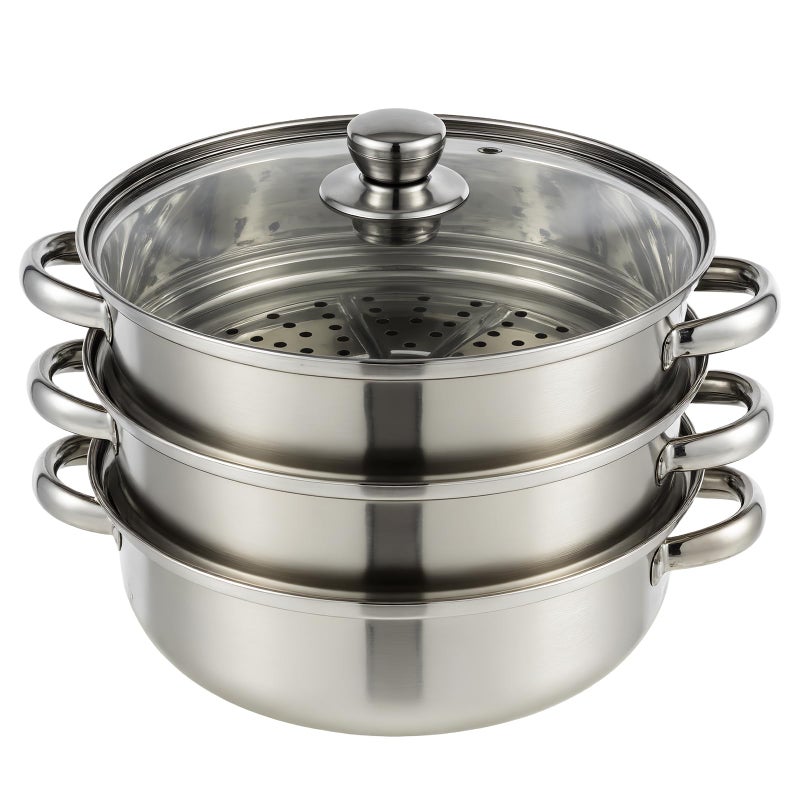 YCWSPEMR 3Tier Stainless Steel Steamer Pot with Lid Multipurpose Steam Pots for Cooking Vegetable Dumpling Steamer Set with Durable Handles and Glass Lid for Fish Meat and Seafood - Image 2