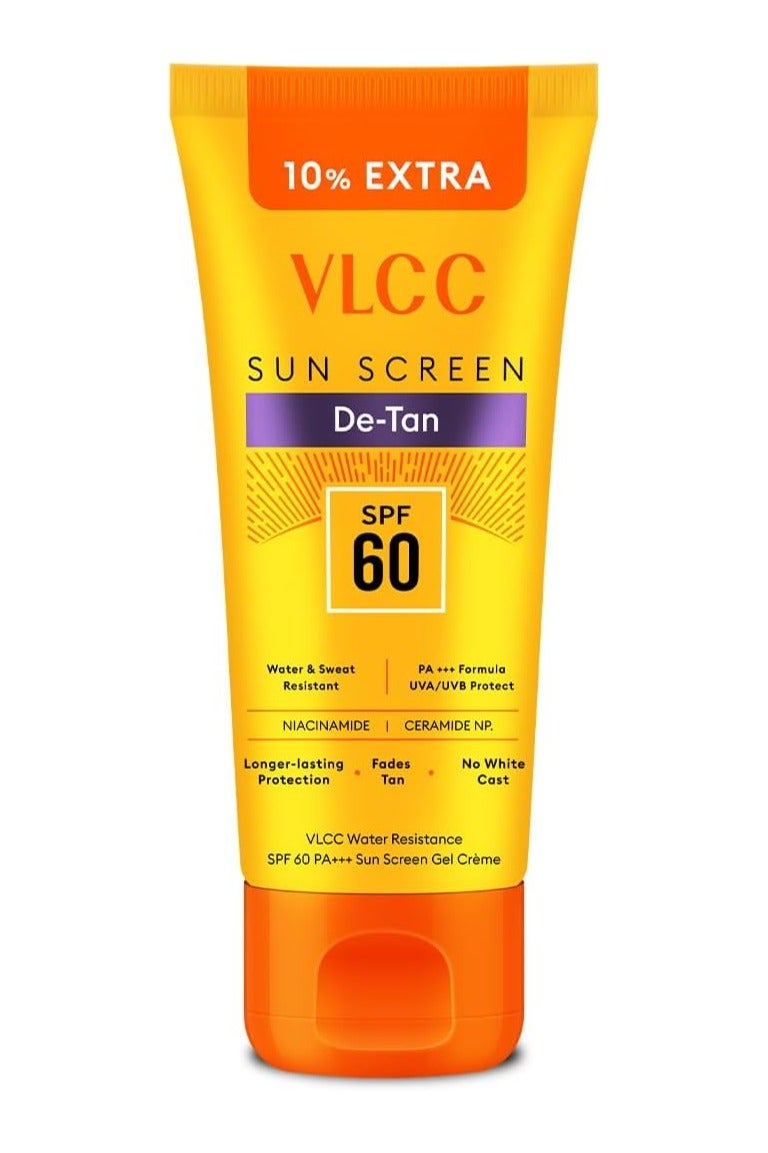 VLCC DeTan Water-Resistant Sunscreen Gel Cream SPF 60 PA+++ | UVA & UVB Protection, Anti-Ageing, Hydrating & Moisturizing with Aloe Vera, Vitamin E, Niacinamide & Natural Extracts | Paraben-Free - Image 1
